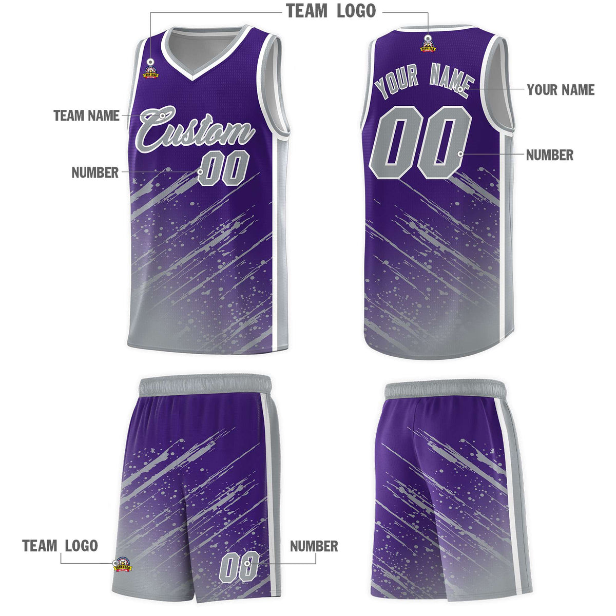 Custom Purple Basketball Kits With Gray Paint Graffiti