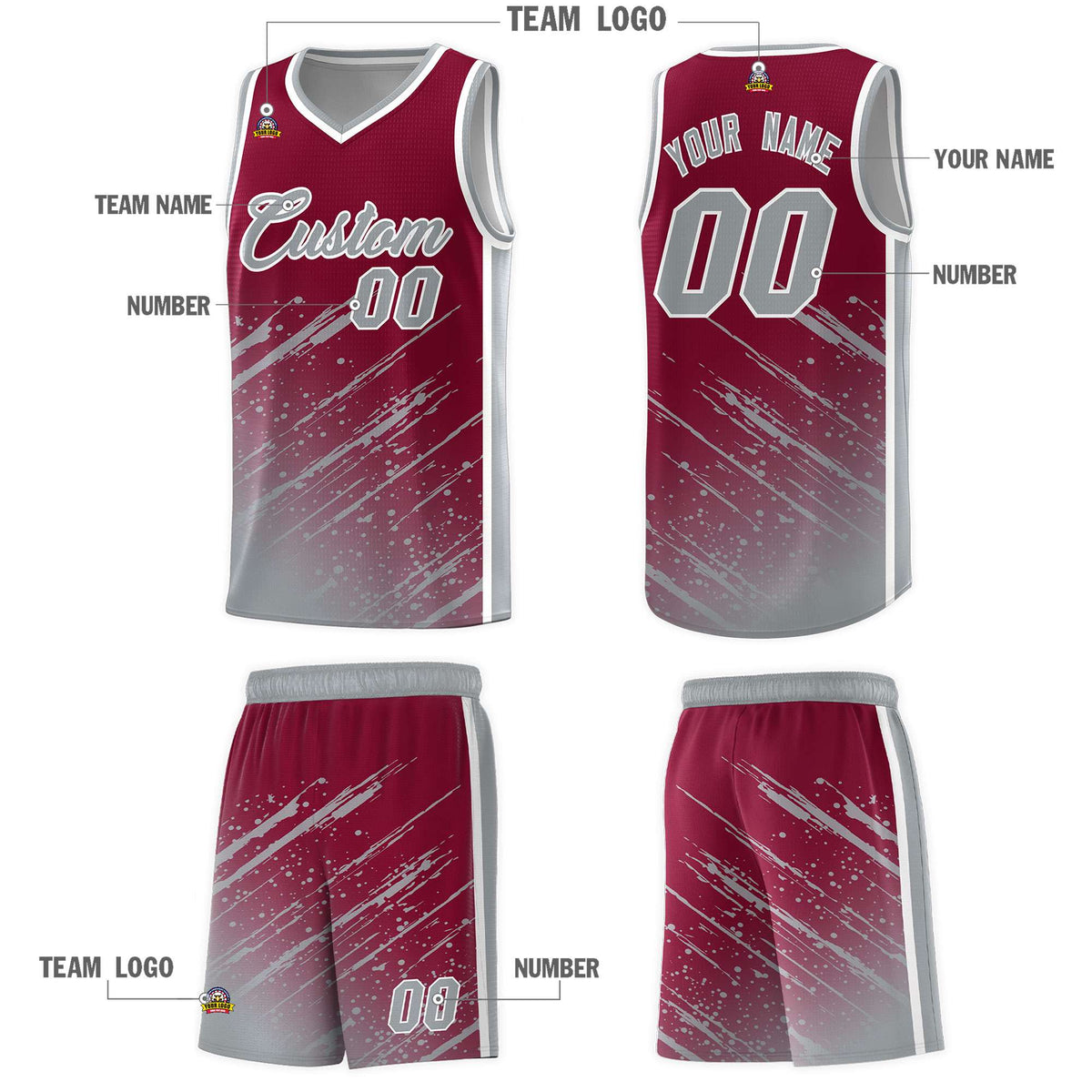 Custom Crimson Basketball Kits With Gray Paint Graffiti
