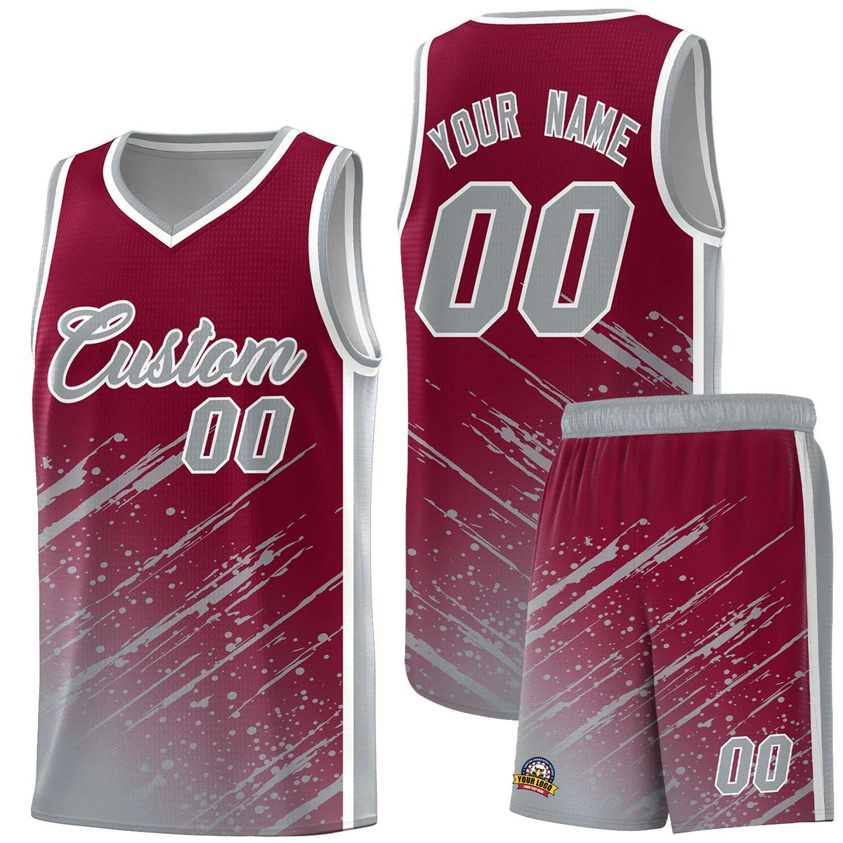 Custom Crimson Basketball Kits With Gray Paint Graffiti