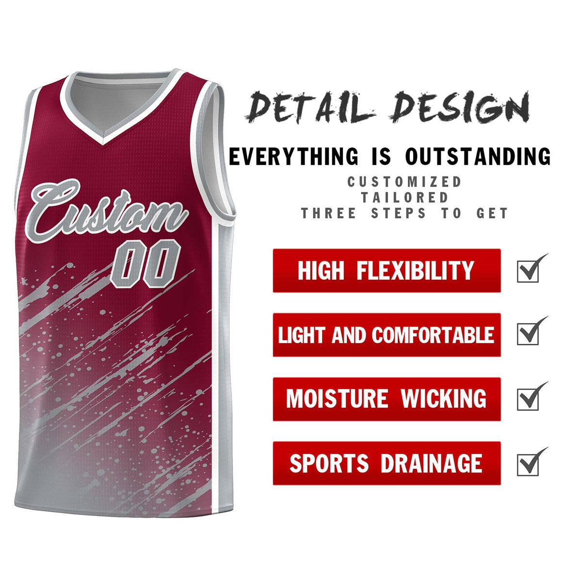 Custom Crimson Basketball Kits With Gray Paint Graffiti