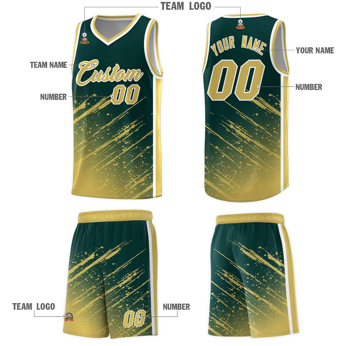 Custom Midnight Green Basketball Kits With Khaki Paint Graffiti