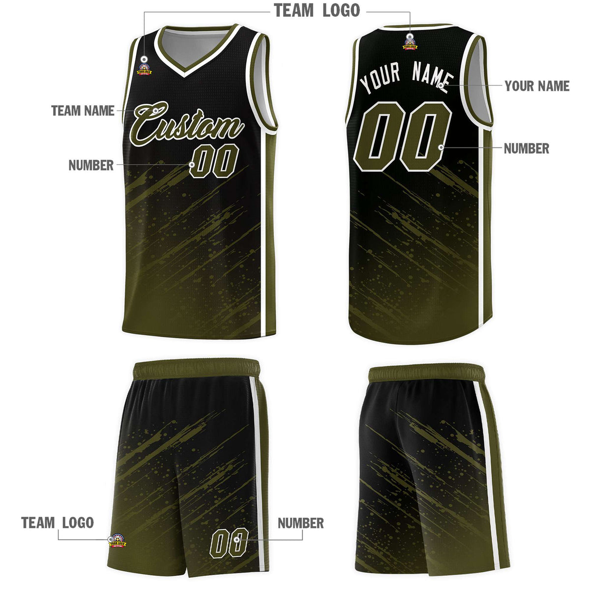 Custom Black Basketball Kits With Olive Paint Graffiti