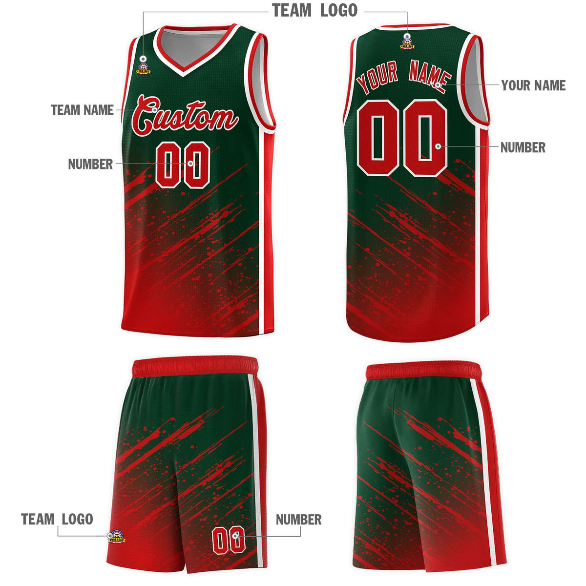 Custom Green Basketball Kits With Red Paint Graffiti