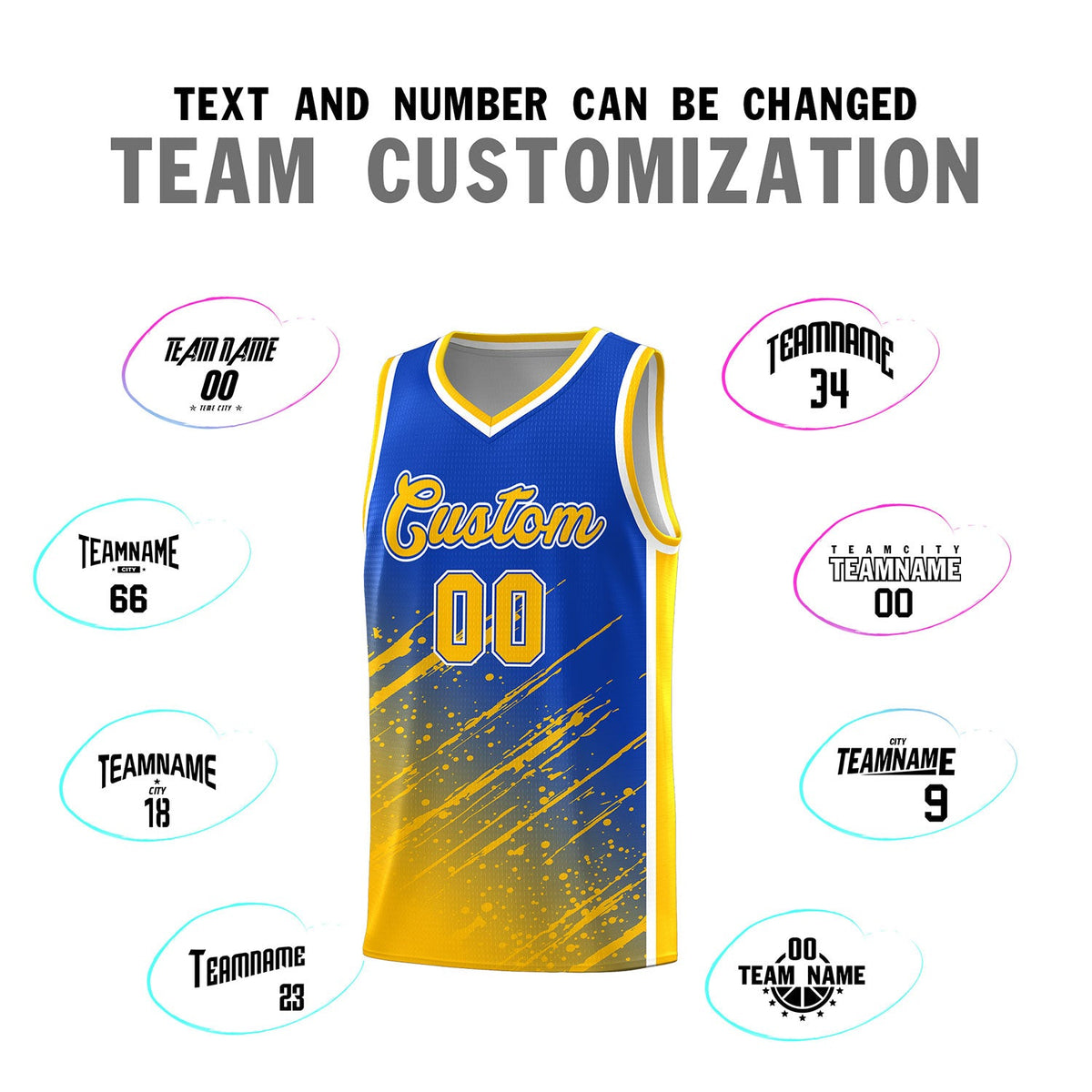 Custom Royal Basketball Kits With Yellow Paint Graffiti