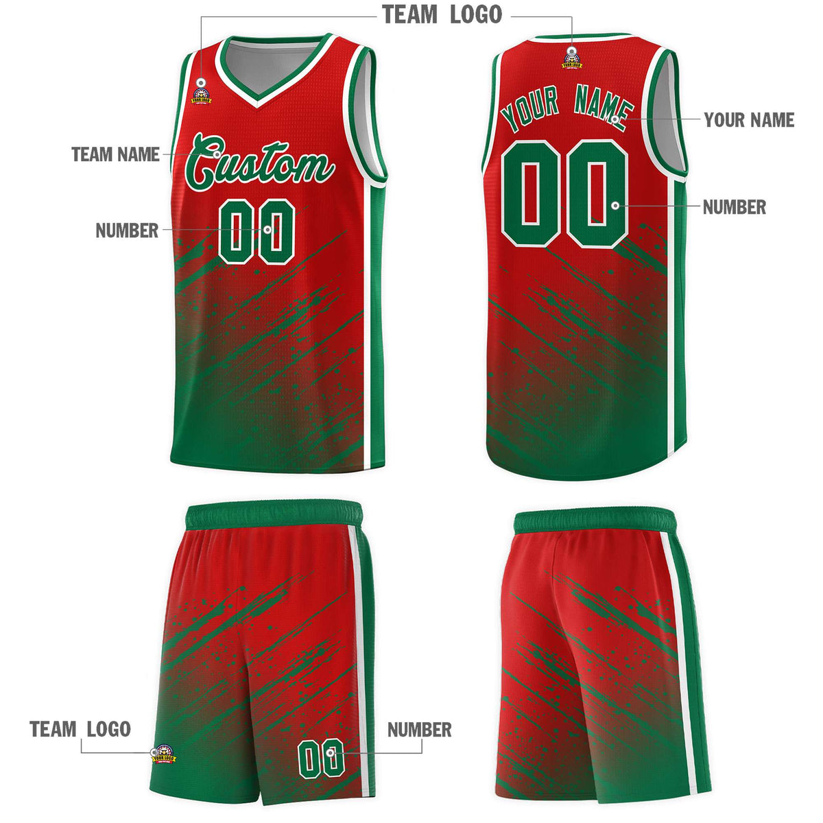 Custom Red Basketball Kits With Kelly Green Paint Graffiti