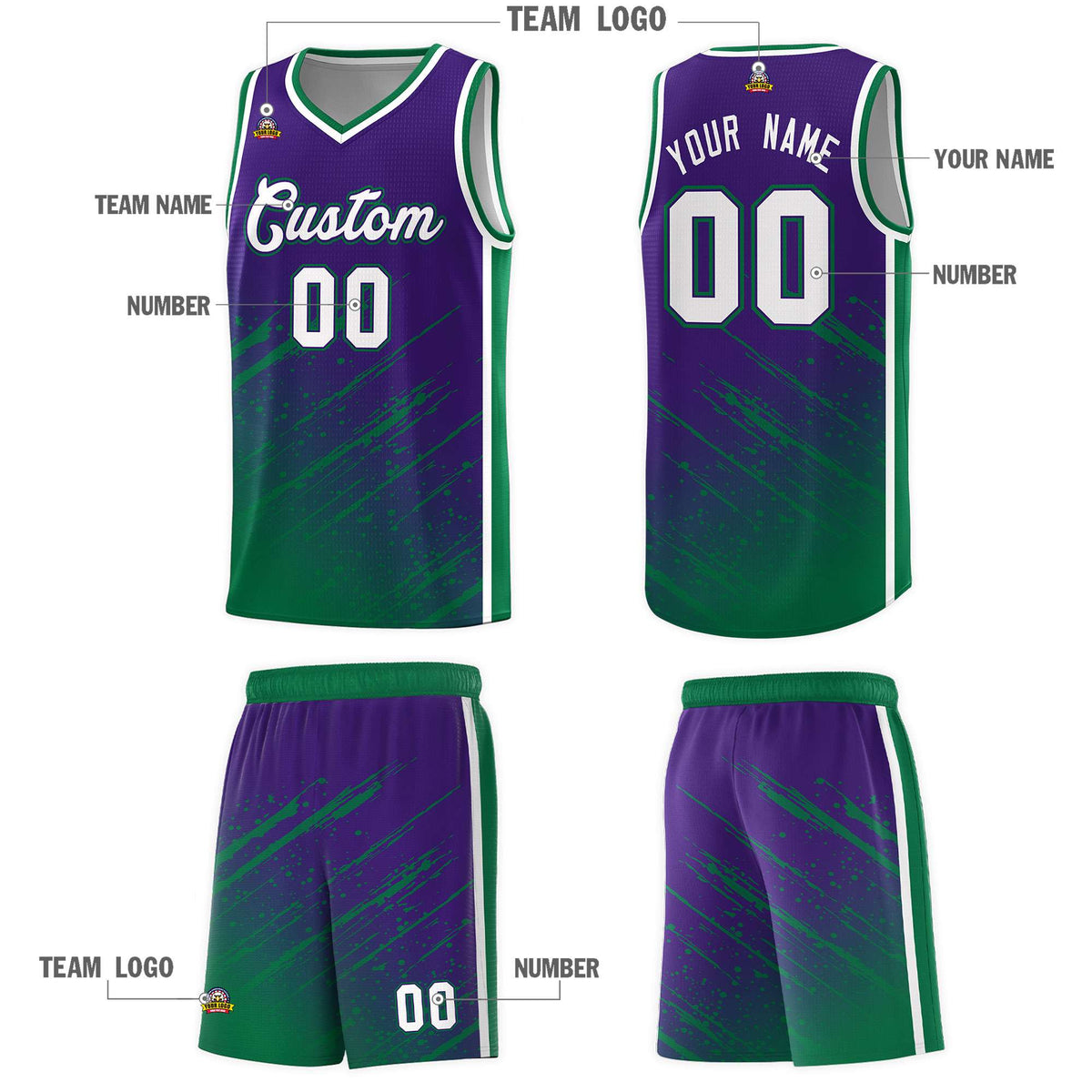 Custom Purple Basketball Kits With Kelly Green Paint Graffiti
