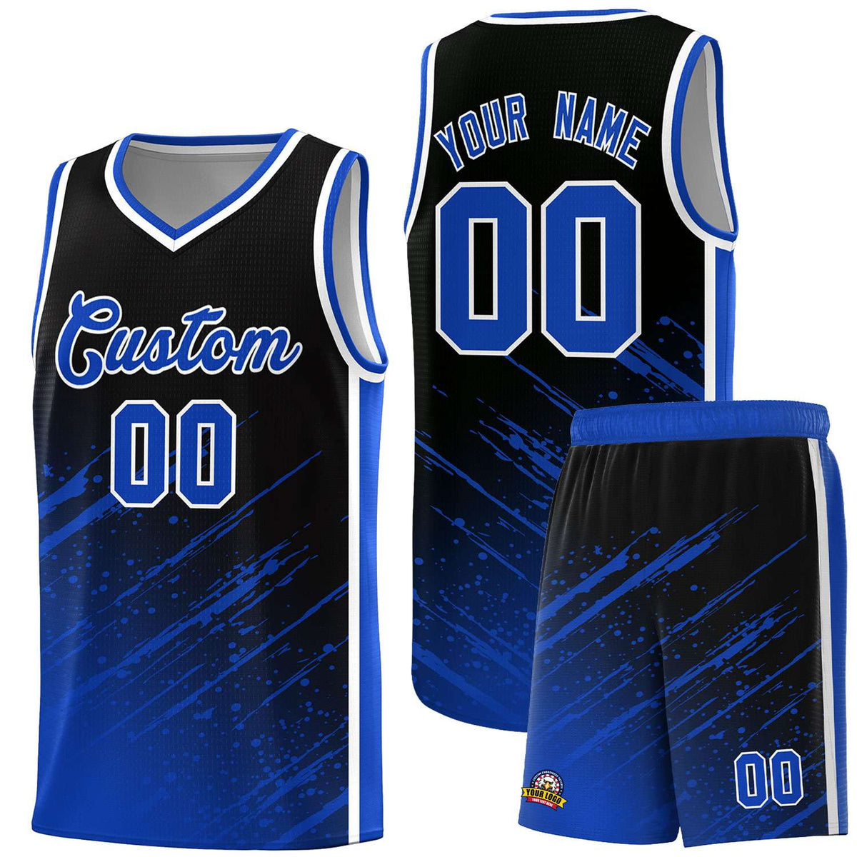 Custom Black Basketball Kits With Royal Paint Graffiti