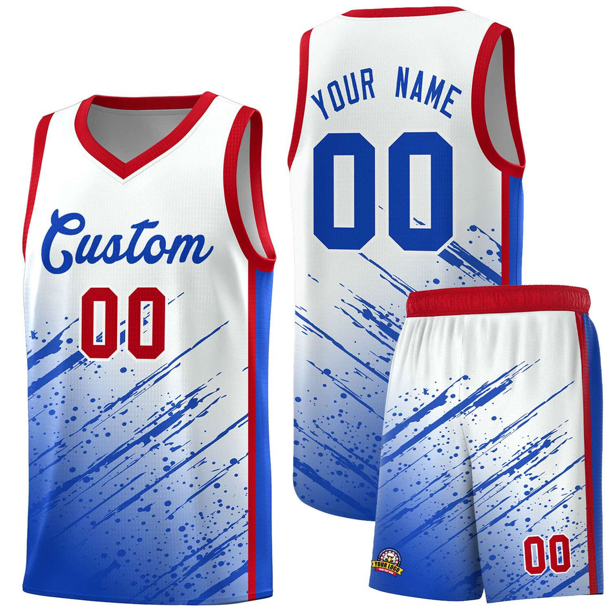 Custom White Basketball Kits With Royal Paint Graffiti