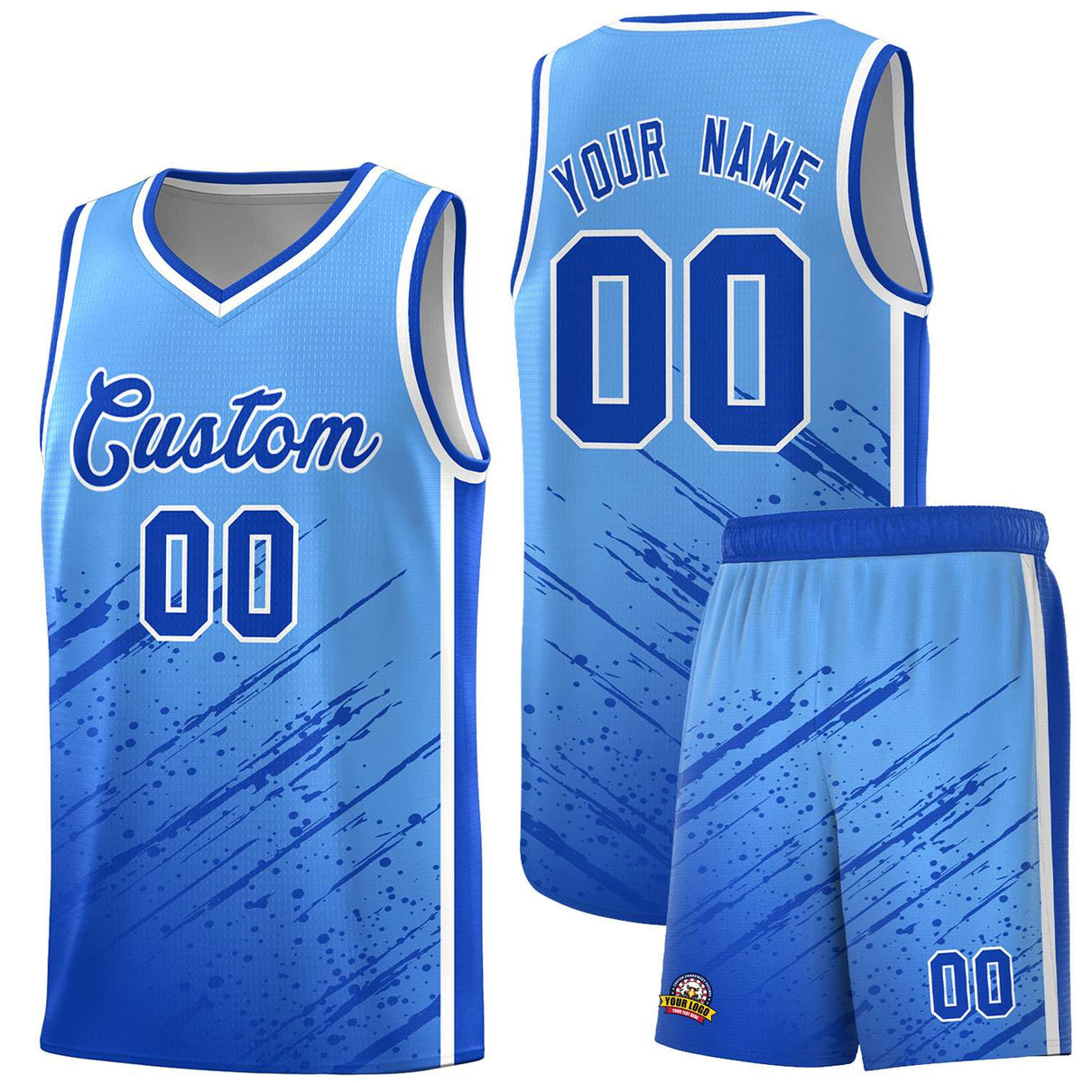Custom Powder Blue Basketball Kits With Royal Paint Graffiti