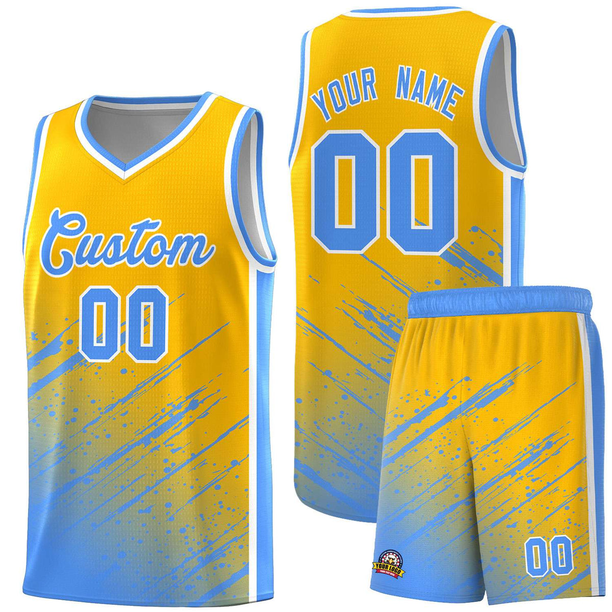 Custom Yellow Basketball Kits With Powder Blue Paint Graffiti
