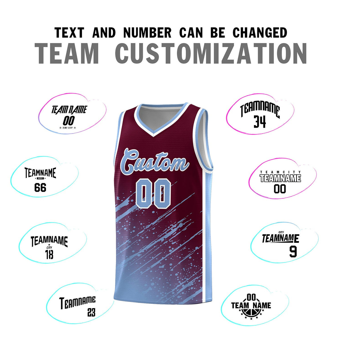 Custom Crimson Basketball Kits With Light Blue Paint Graffiti