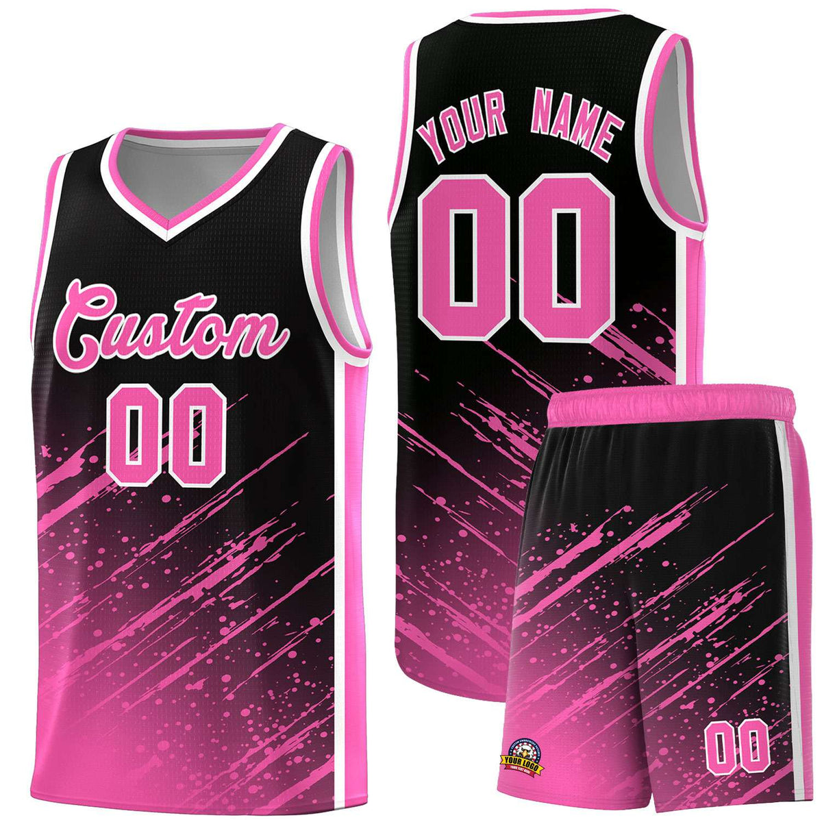 Custom Black Basketball Kits With Pink Paint Graffiti