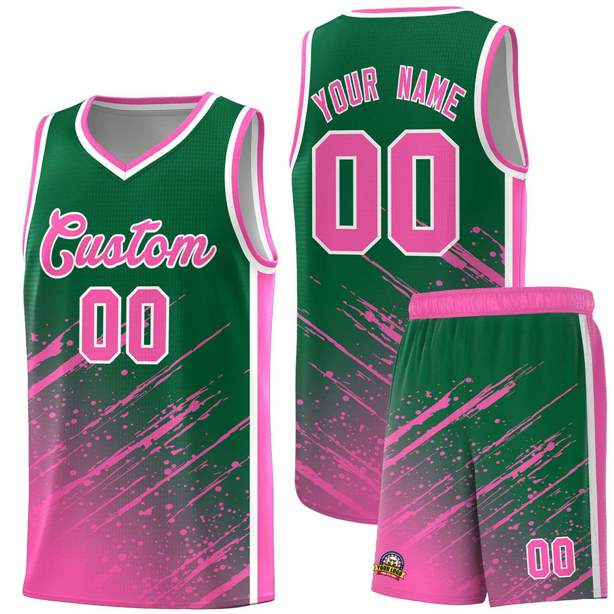 Custom Kelly Green Basketball Kits With Pink Paint Graffiti