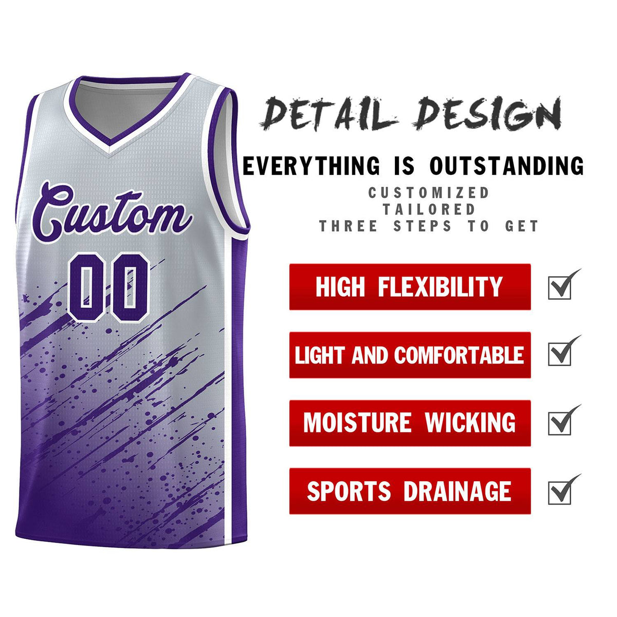 Custom Gray Basketball Kits With Purple Paint Graffiti