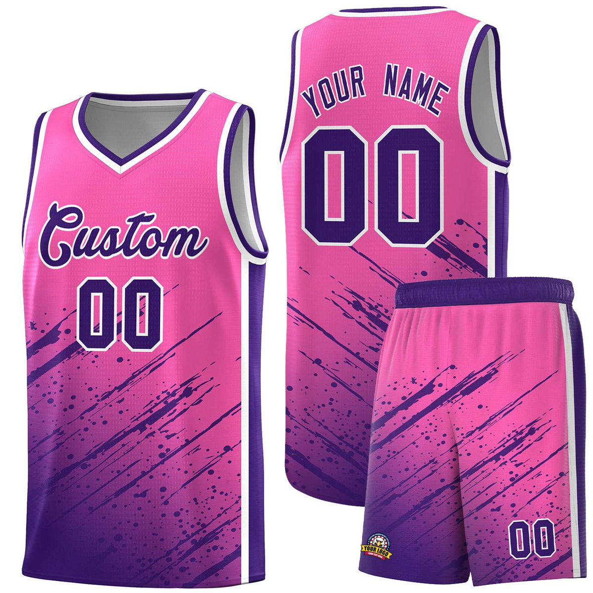 Custom Pink Basketball Kits With Purple Paint Graffiti