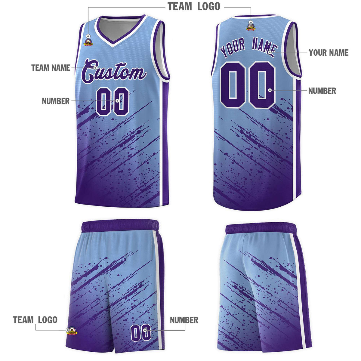 Custom Light Blue Basketball Kits With Purple Paint Graffiti