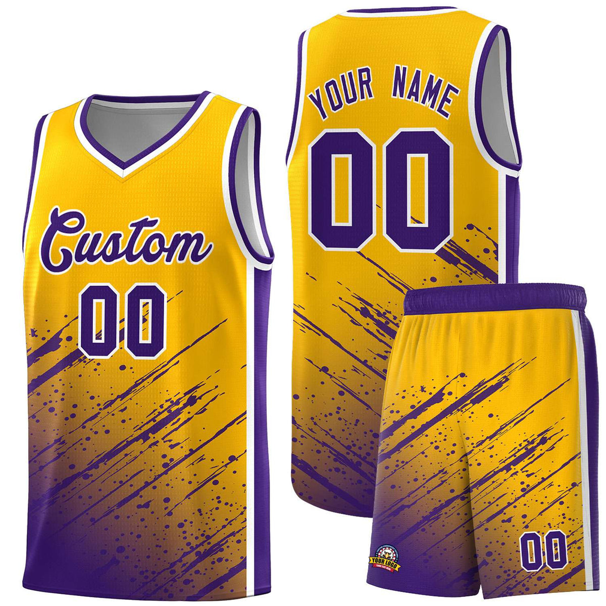 Custom Yellow Basketball Kits With Purple Paint Graffiti