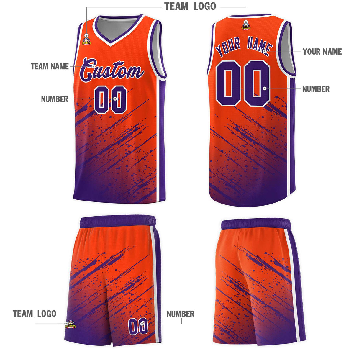 Custom Orange Basketball Kits With Purple Paint Graffiti