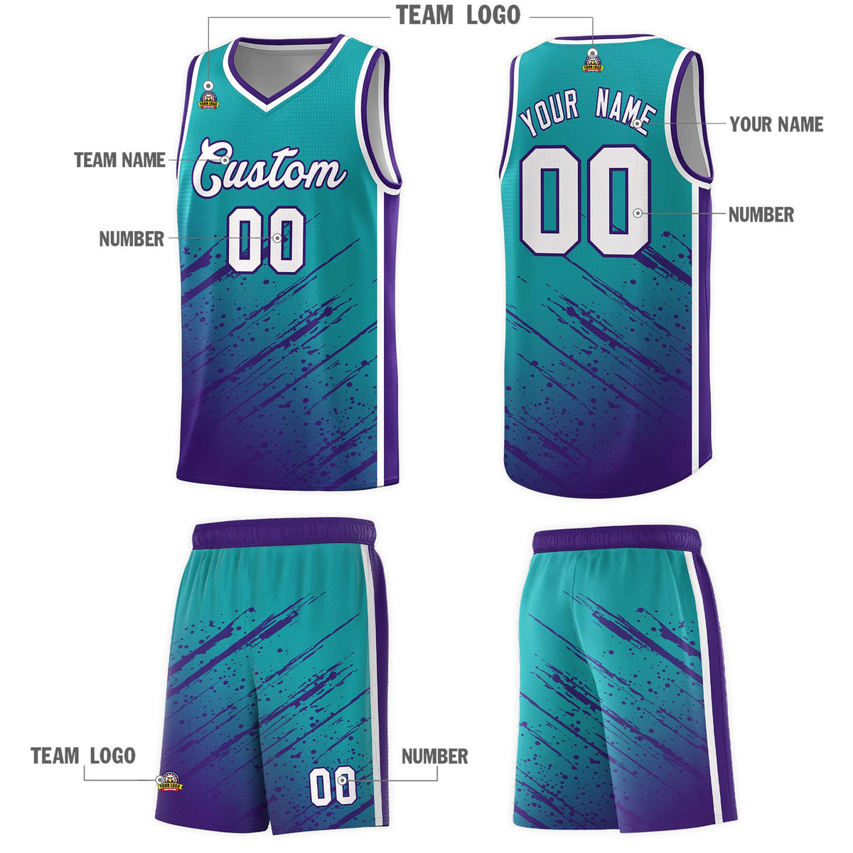 Custom Aqua Basketball Kits With Purple Paint Graffiti
