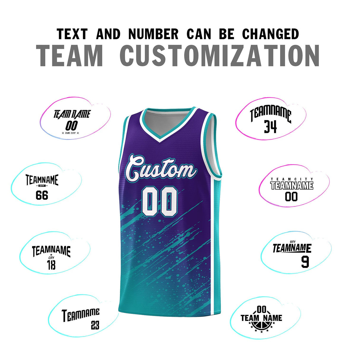 Custom Purple Basketball Kits With Aqua Paint Graffiti