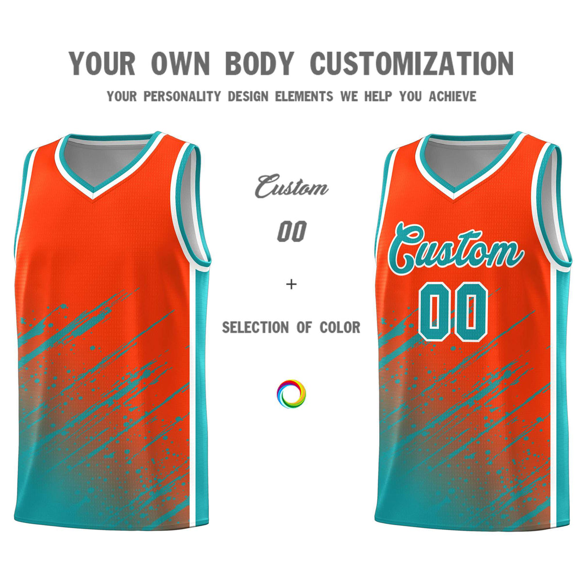 Custom Orange Basketball Kits With Aqua Paint Graffiti