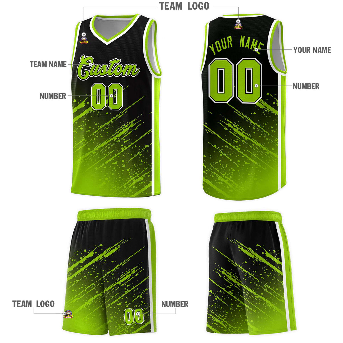 Custom Black Basketball Kits With Neon Green Paint Graffiti