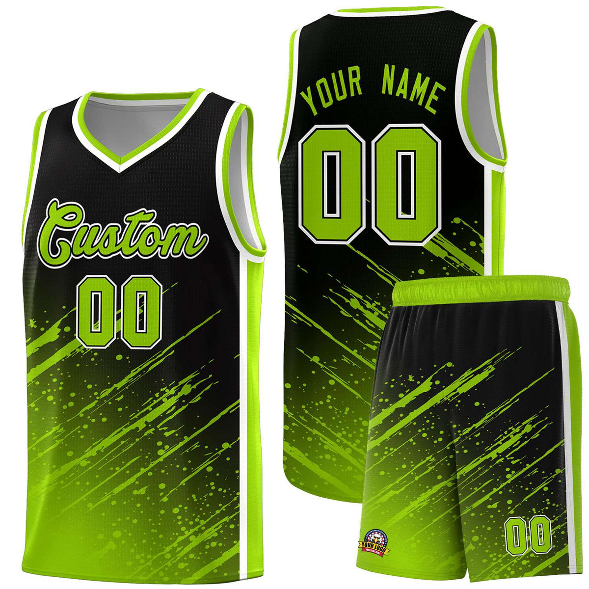 Custom Black Basketball Kits With Neon Green Paint Graffiti