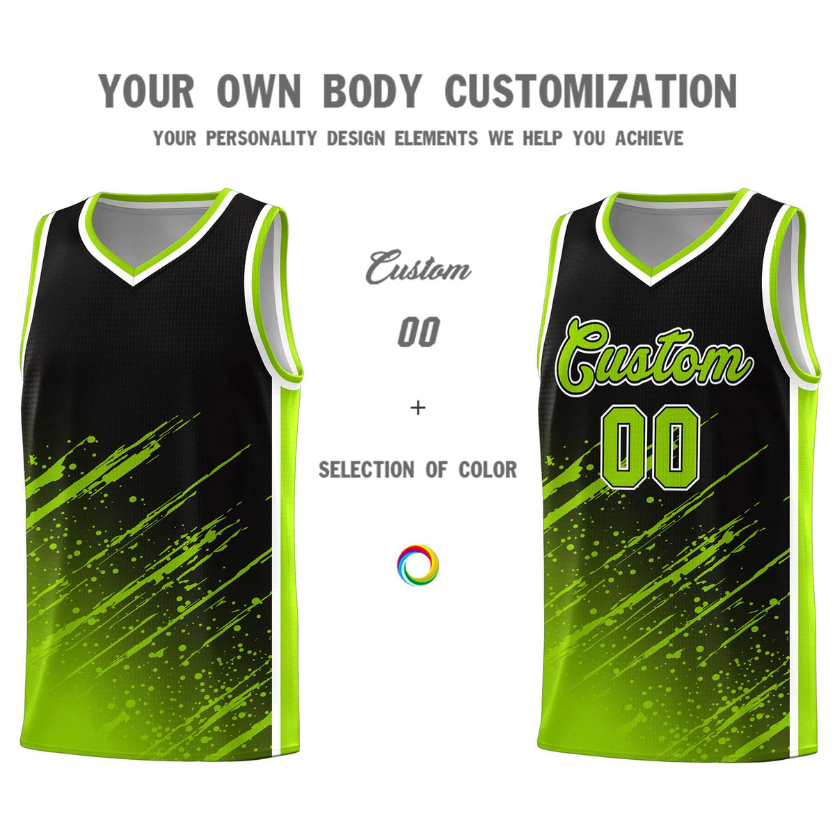Custom Black Basketball Kits With Neon Green Paint Graffiti