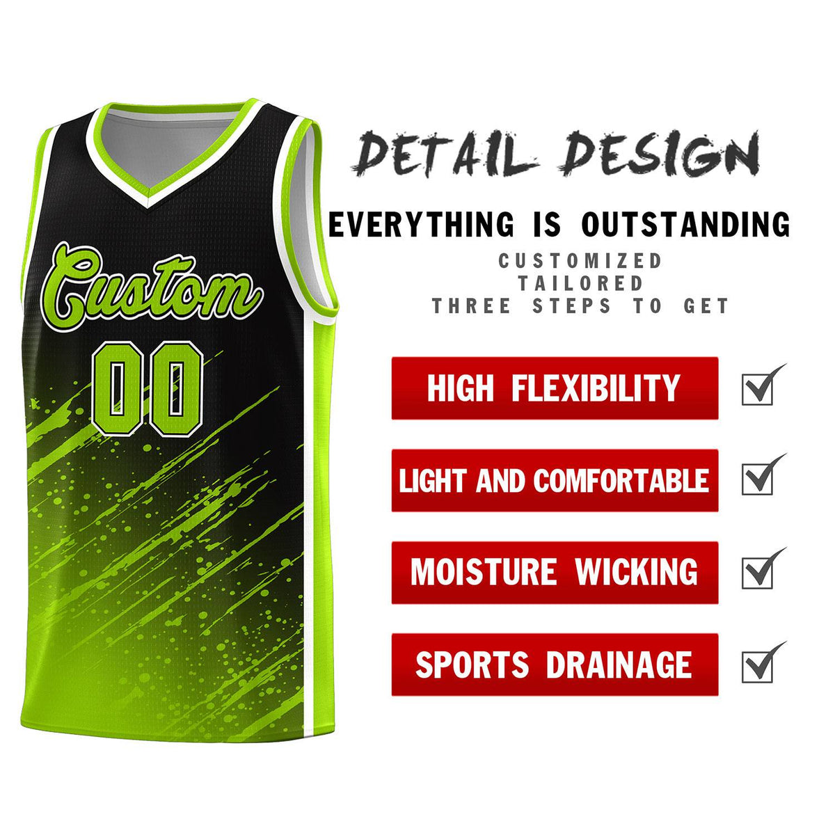 Custom Black Basketball Kits With Neon Green Paint Graffiti