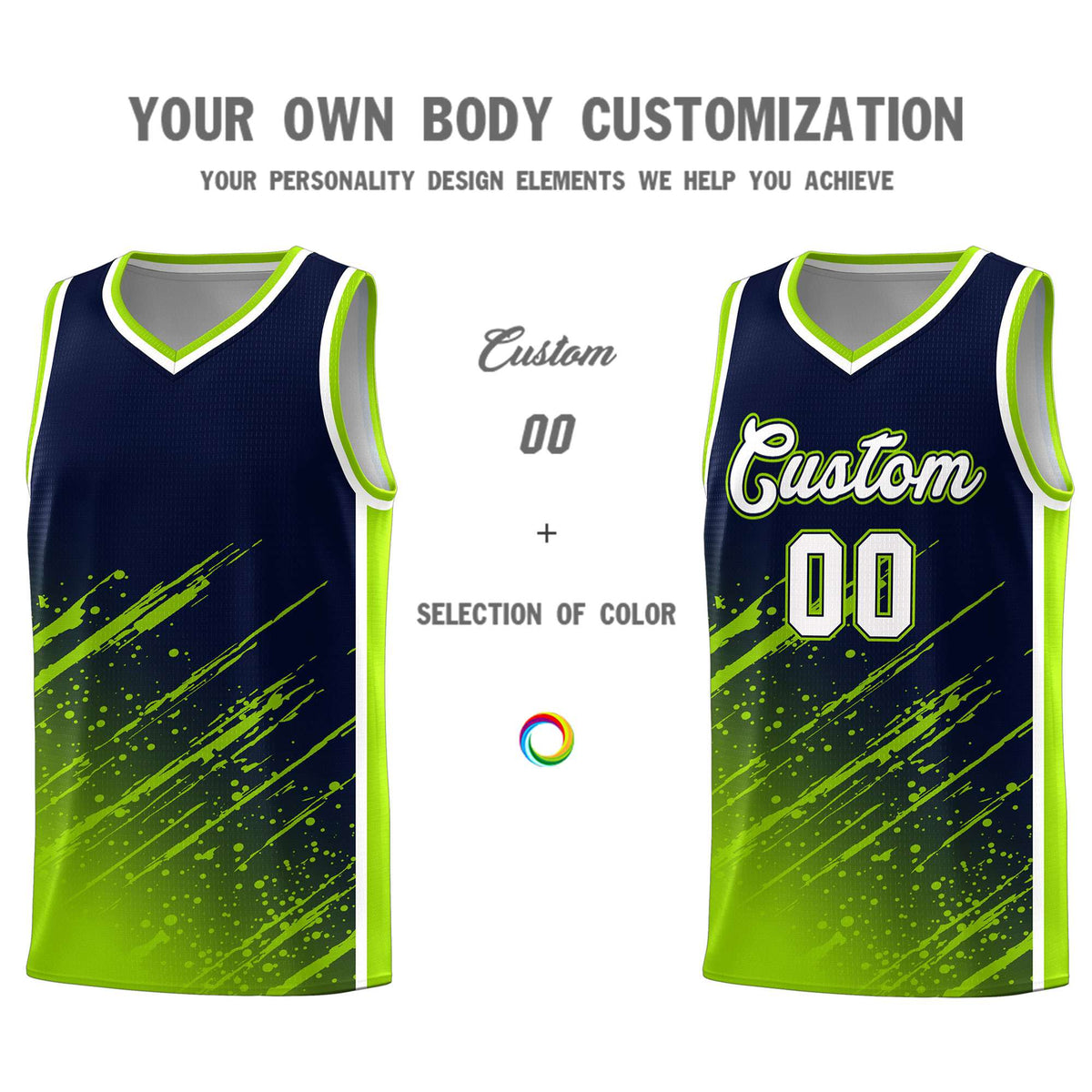 Custom Navy Basketball Kits With Neon Green Paint Graffiti