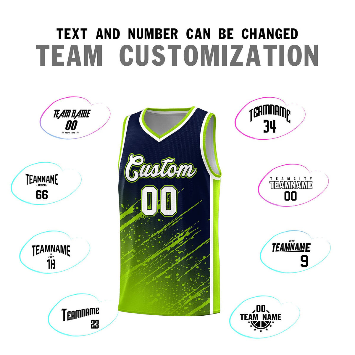 Custom Navy Basketball Kits With Neon Green Paint Graffiti