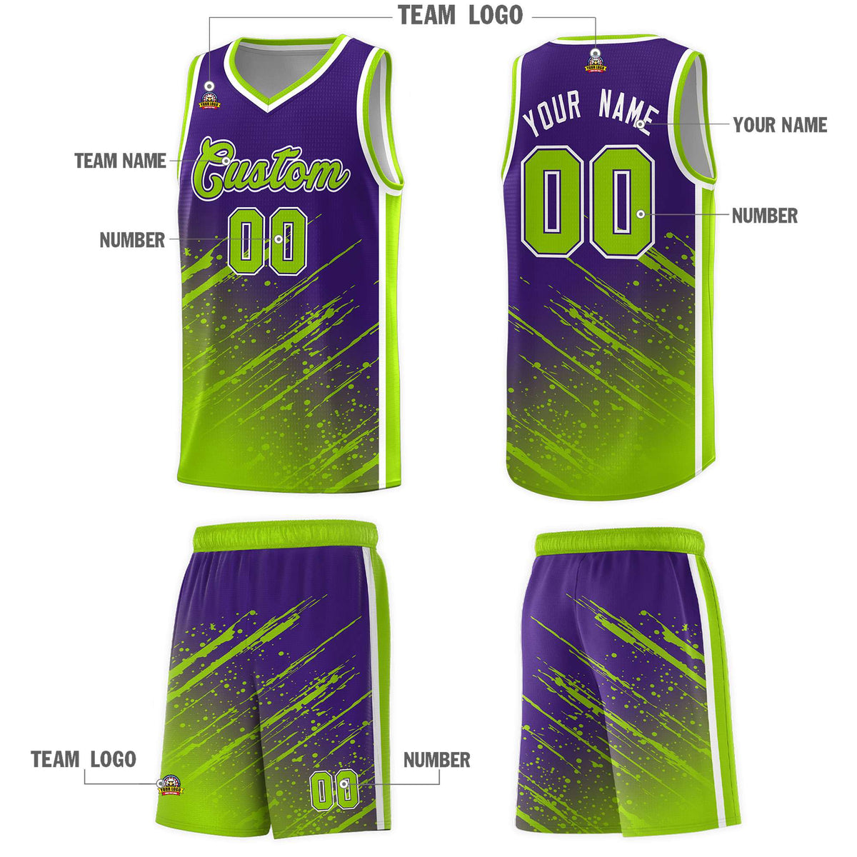 Custom Purple Basketball Kits With Neon Green Paint Graffiti
