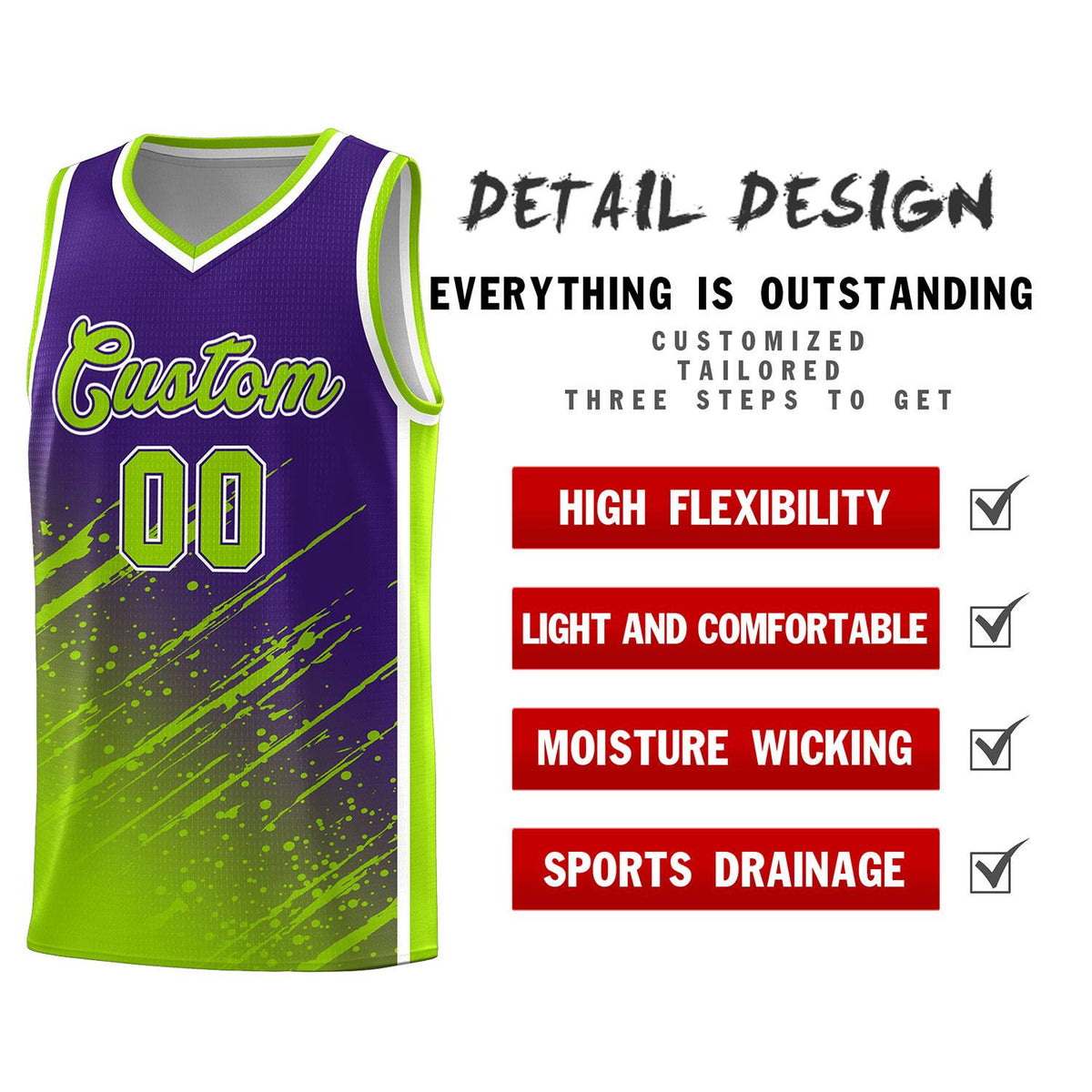 Custom Purple Basketball Kits With Neon Green Paint Graffiti