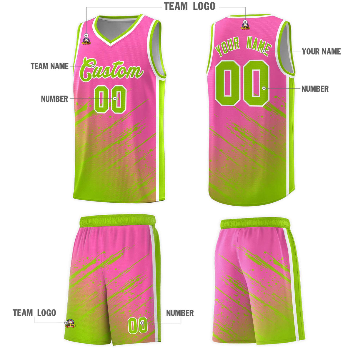 Custom Pink Basketball Kits With Neon Green Paint Graffiti