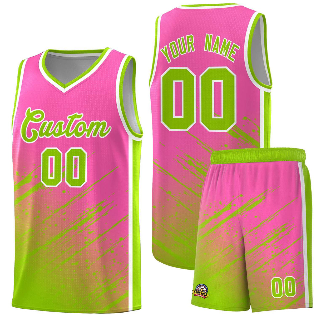 Custom Pink Basketball Kits With Neon Green Paint Graffiti