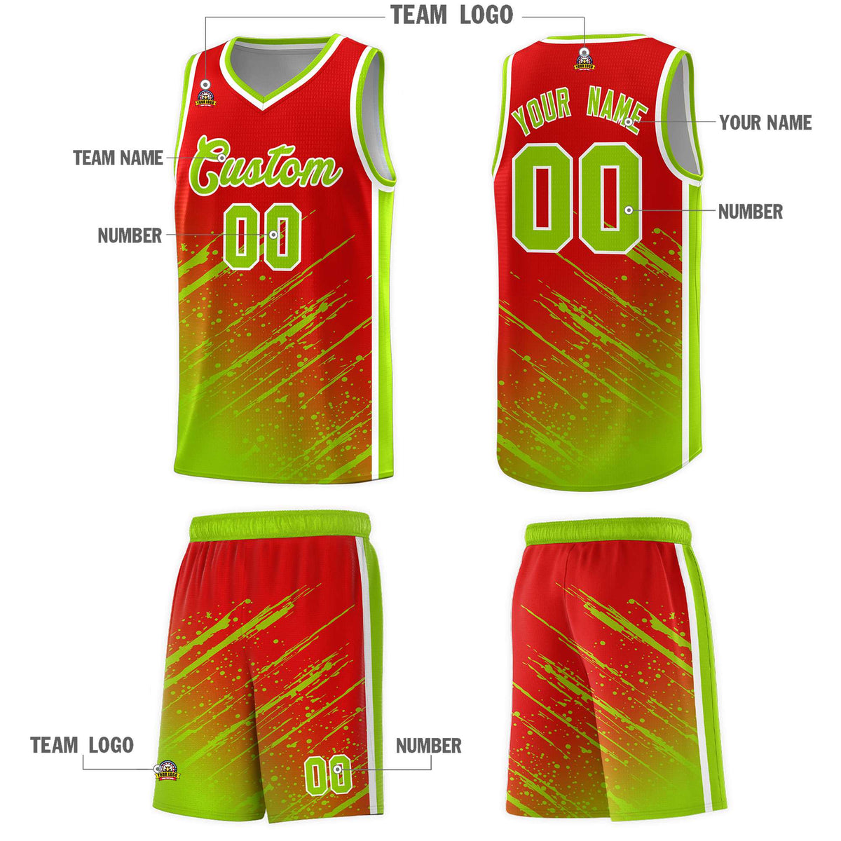 Custom Red Basketball Kits With Neon Green Paint Graffiti