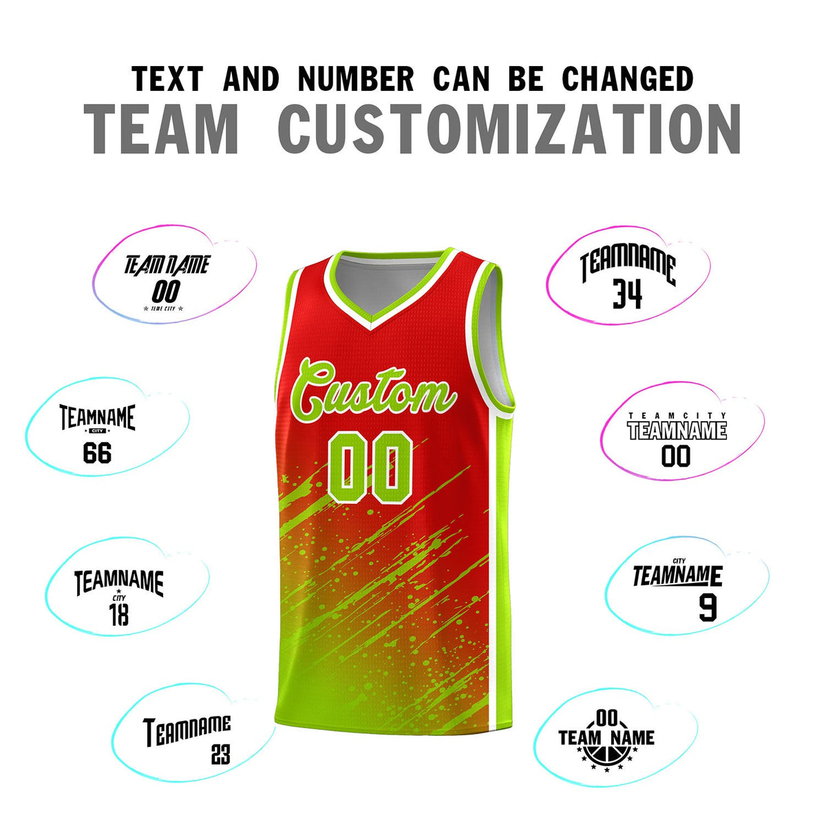 Custom Red Basketball Kits With Neon Green Paint Graffiti