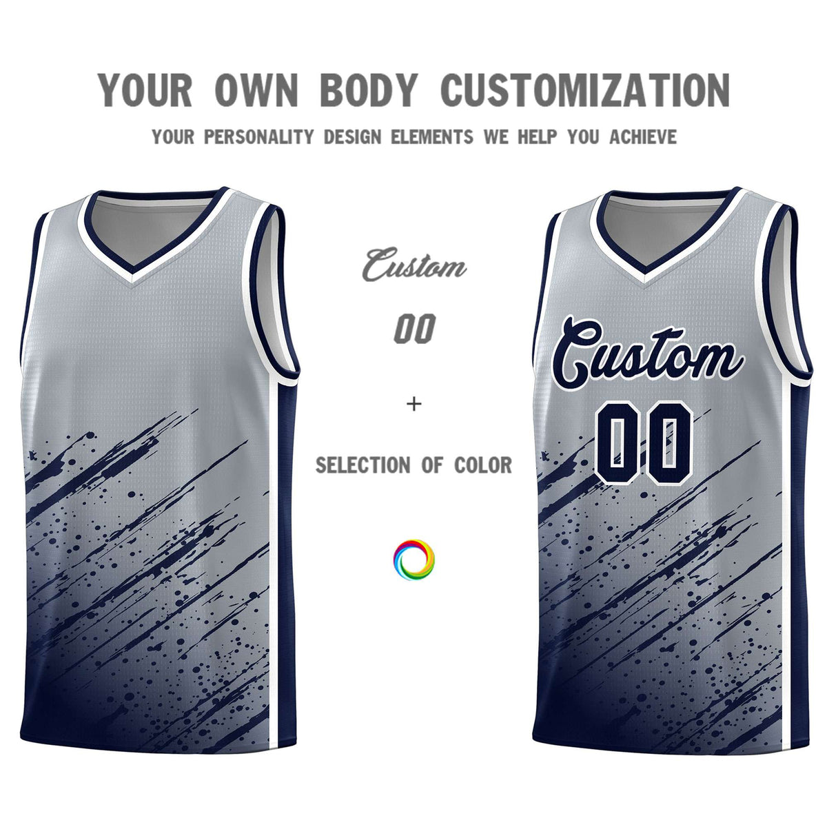 Custom Gray Basketball Kits With Navy Paint Graffiti