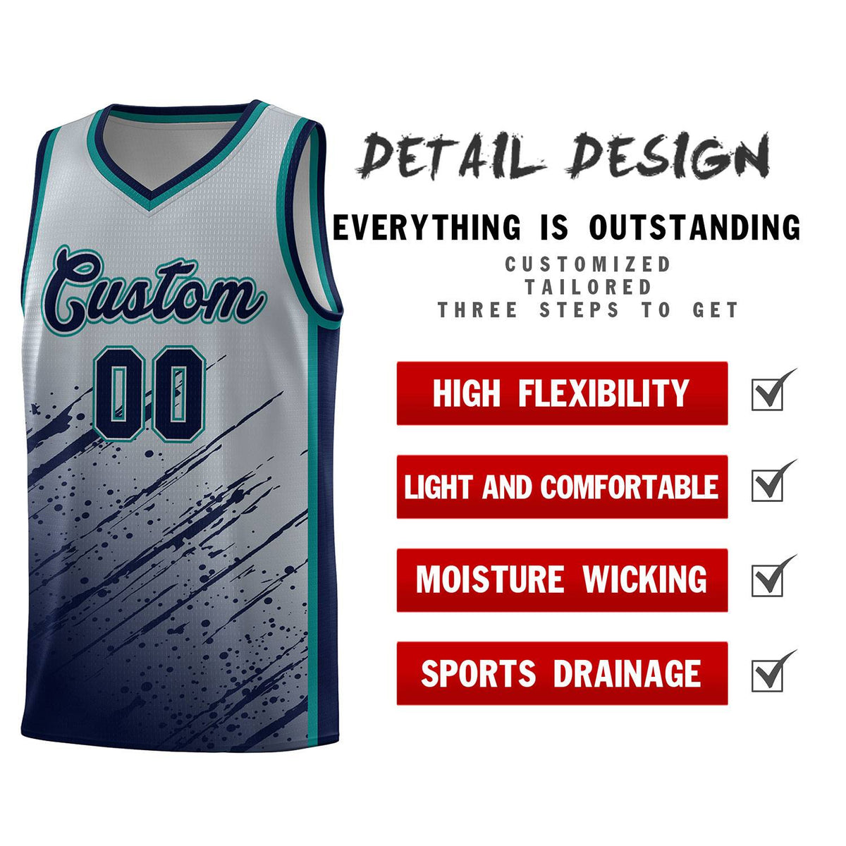 Custom Gray Basketball Kits With Navy Paint Graffiti
