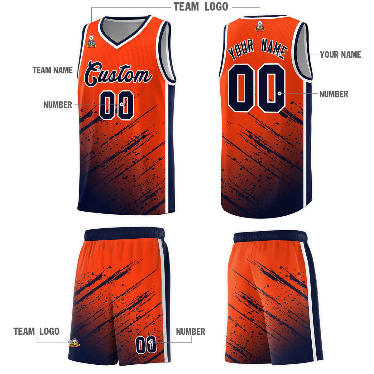 Custom Orange Basketball Kits With Navy Paint Graffiti