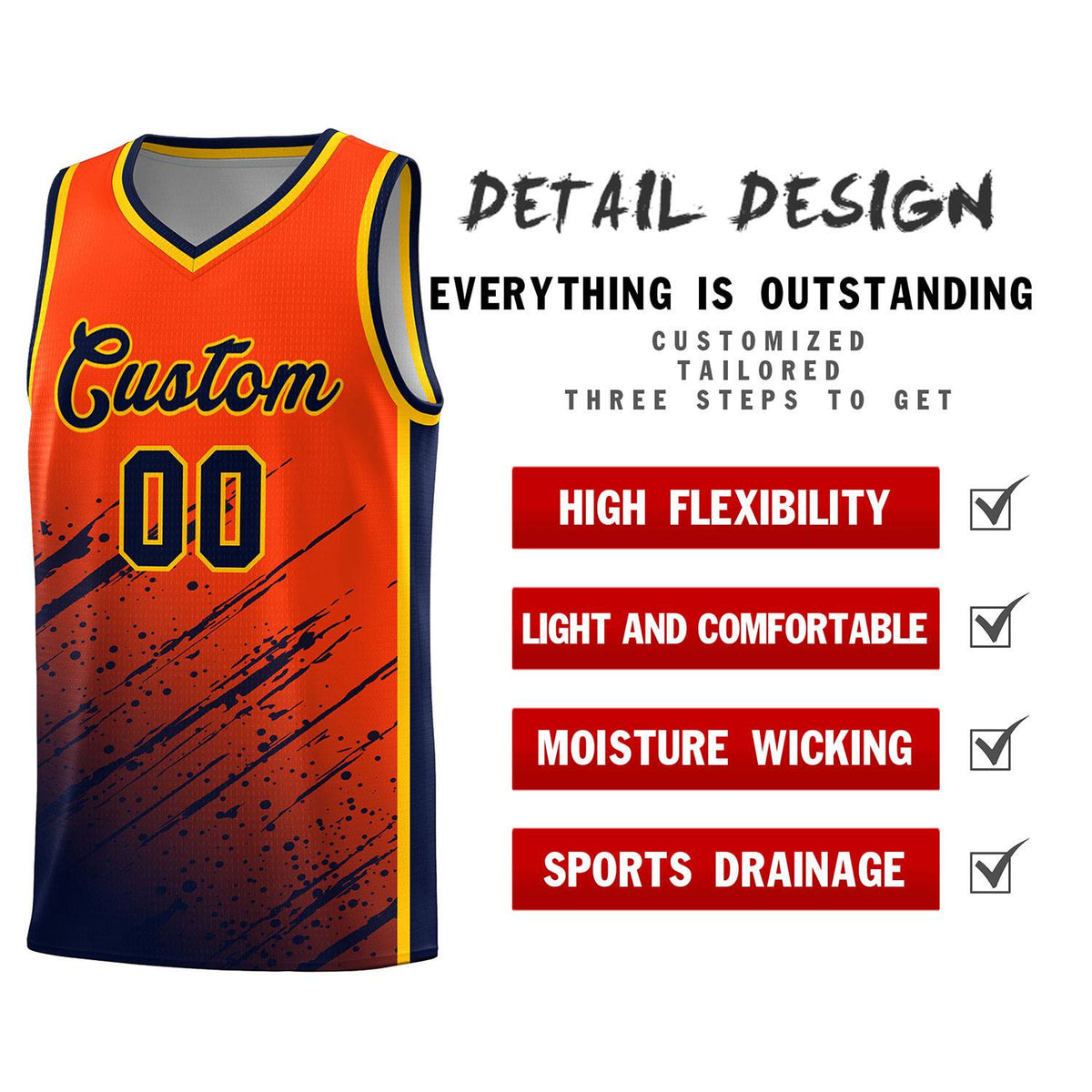 Custom Orange Basketball Kits With Navy Paint Graffiti