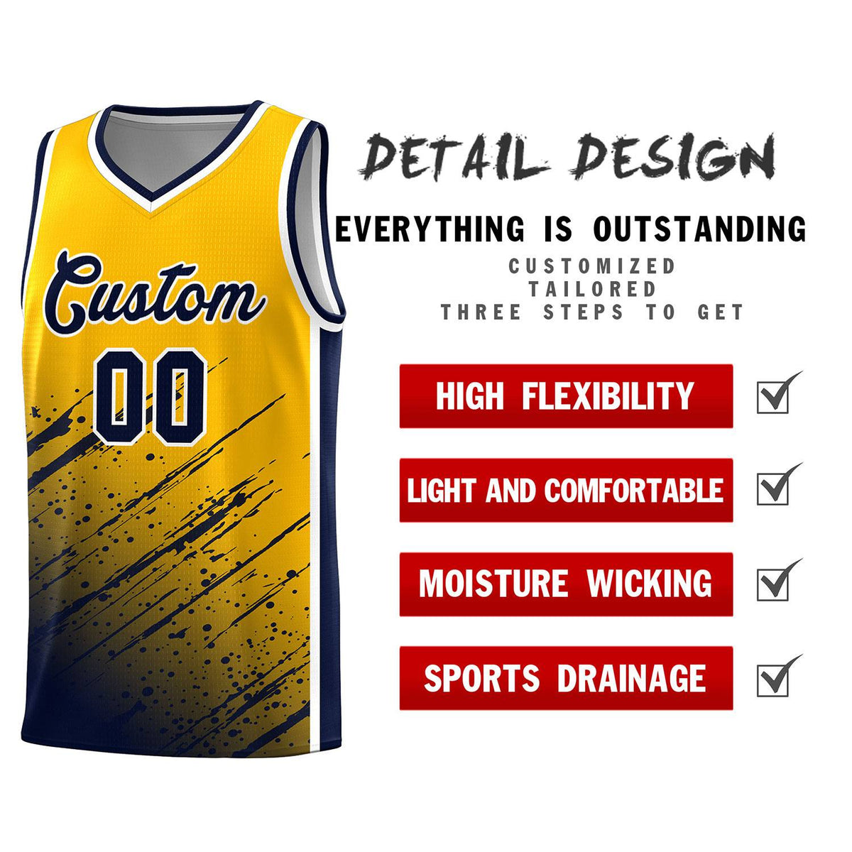 Custom Yellow Basketball Kits With Navy Paint Graffiti