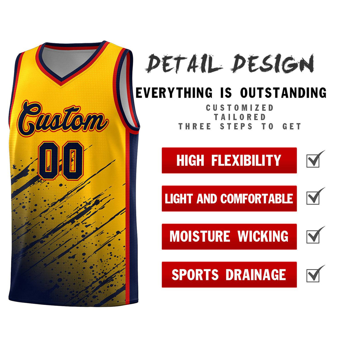 Custom Yellow Basketball Kits With Navy Paint Graffiti