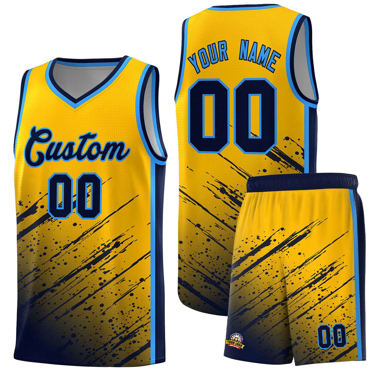 Custom Yellow Basketball Kits With Navy Paint Graffiti