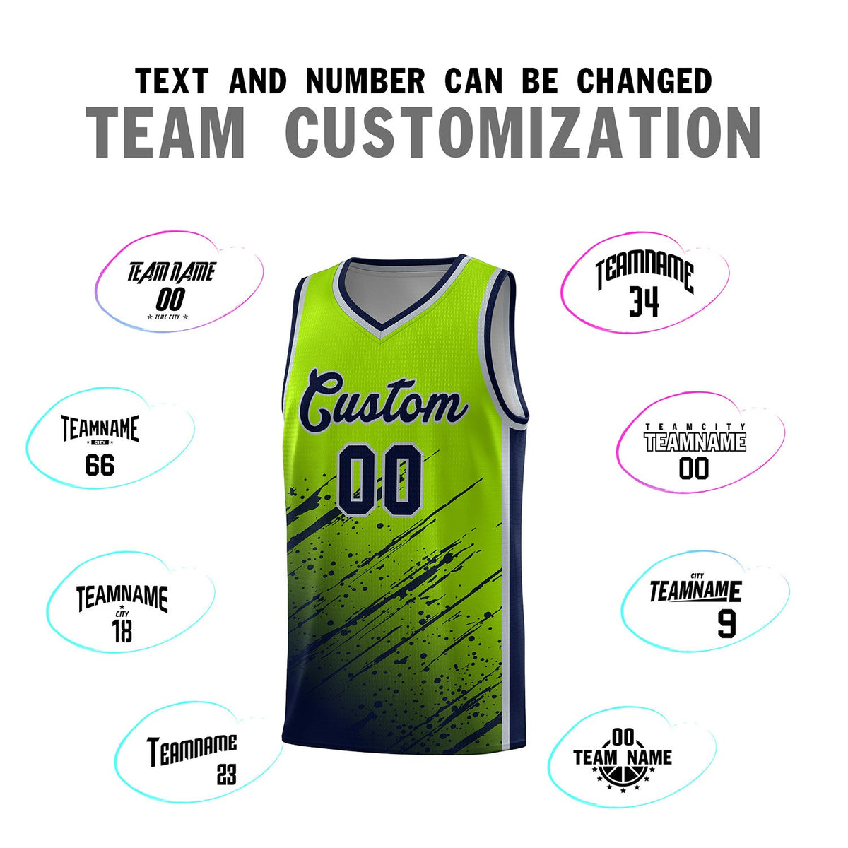 Custom Neon Green Basketball Kits With Navy Paint Graffiti