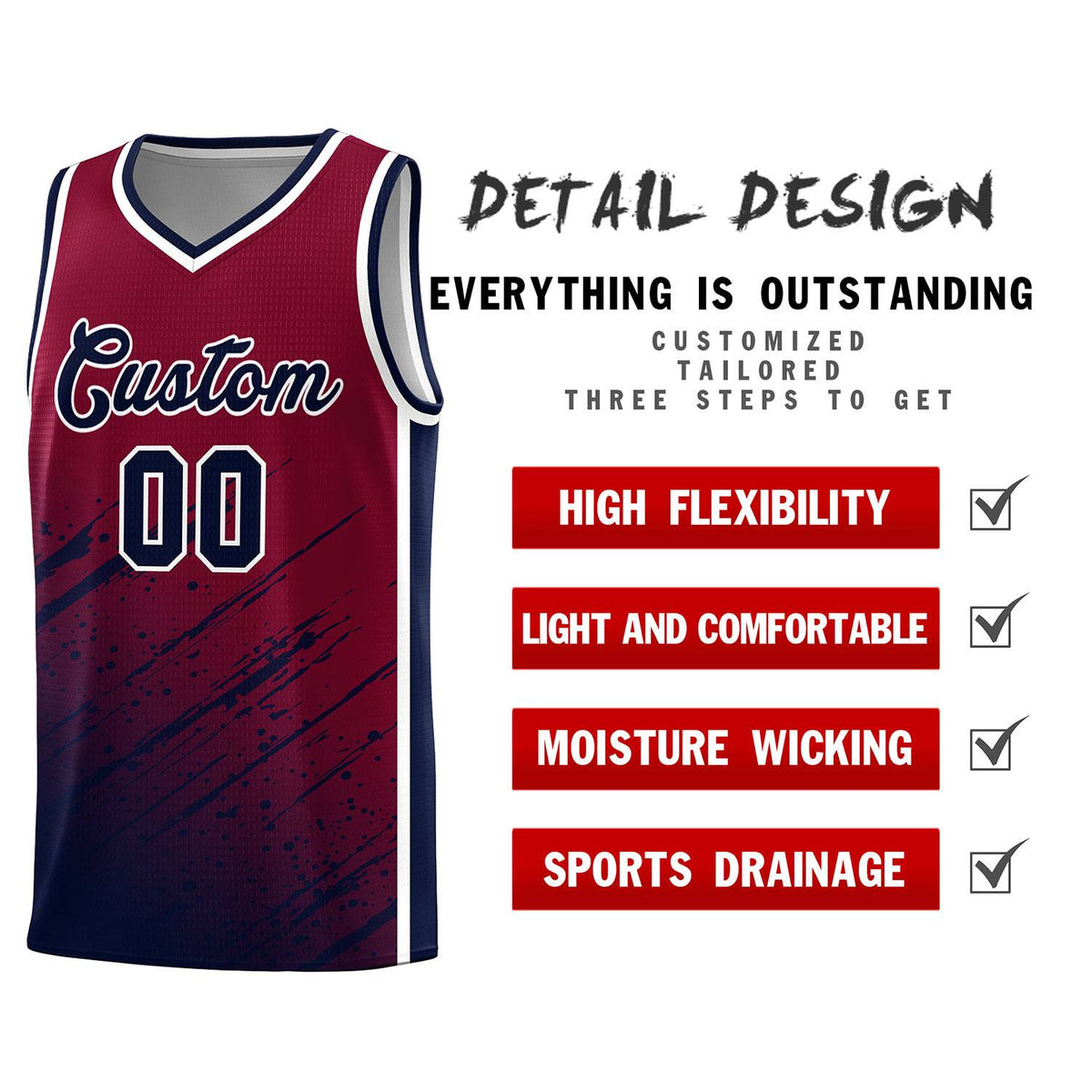 Custom Crimson Basketball Kits With Navy Paint Graffiti
