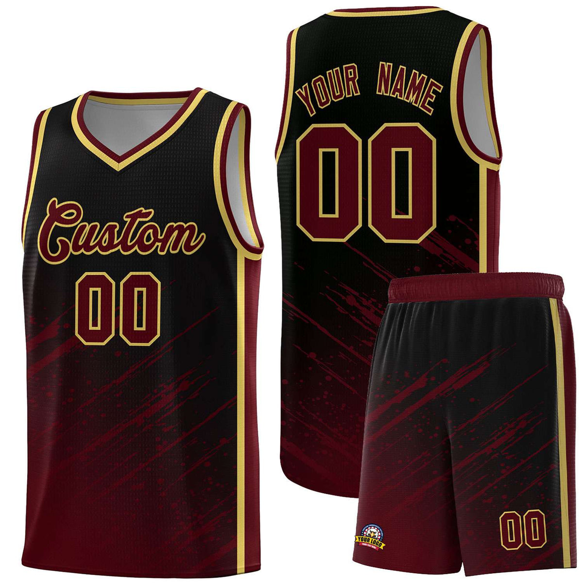 Custom Black Basketball Kits With Crimson Paint Graffiti