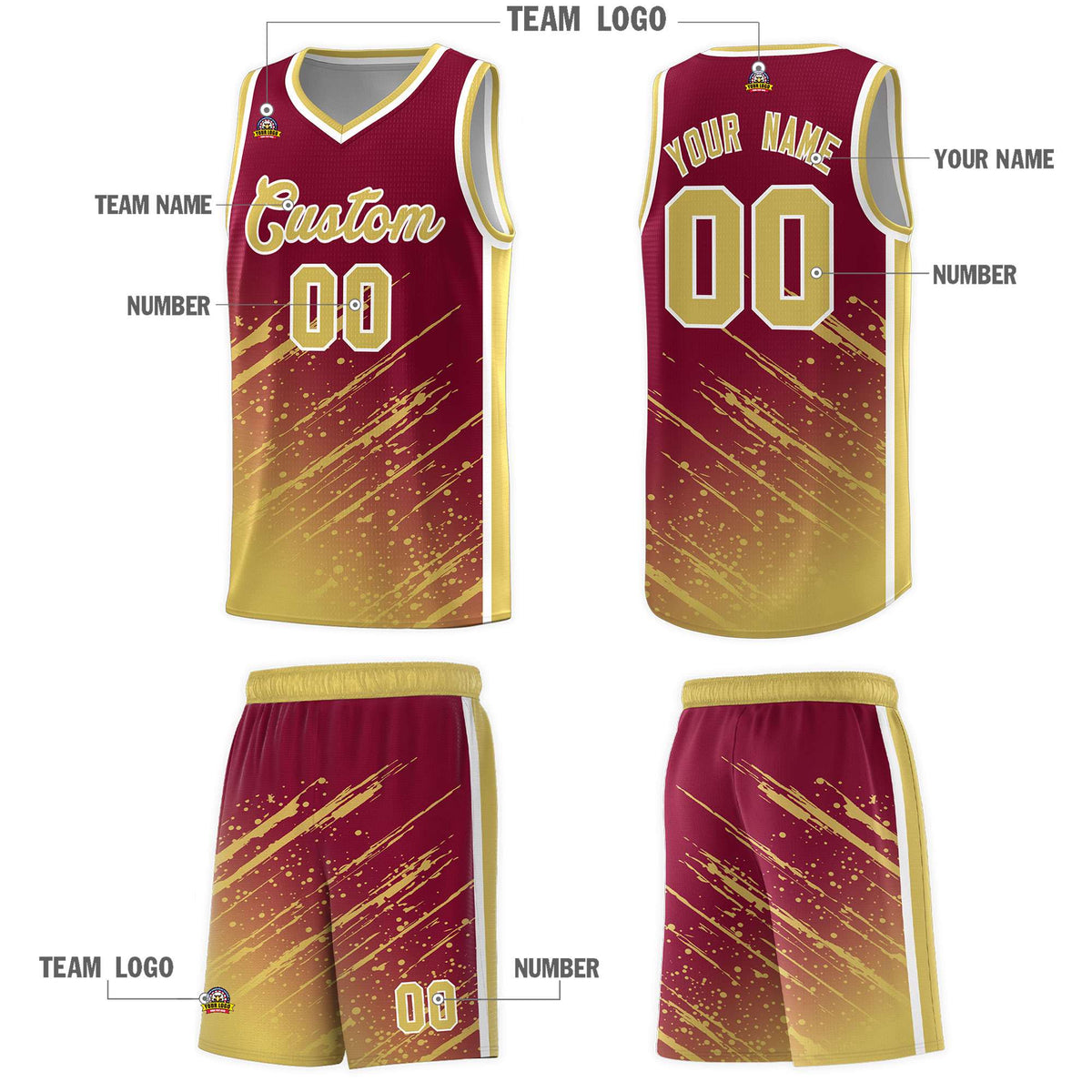 Custom Crimson Basketball Kits With Khaki Paint Graffiti