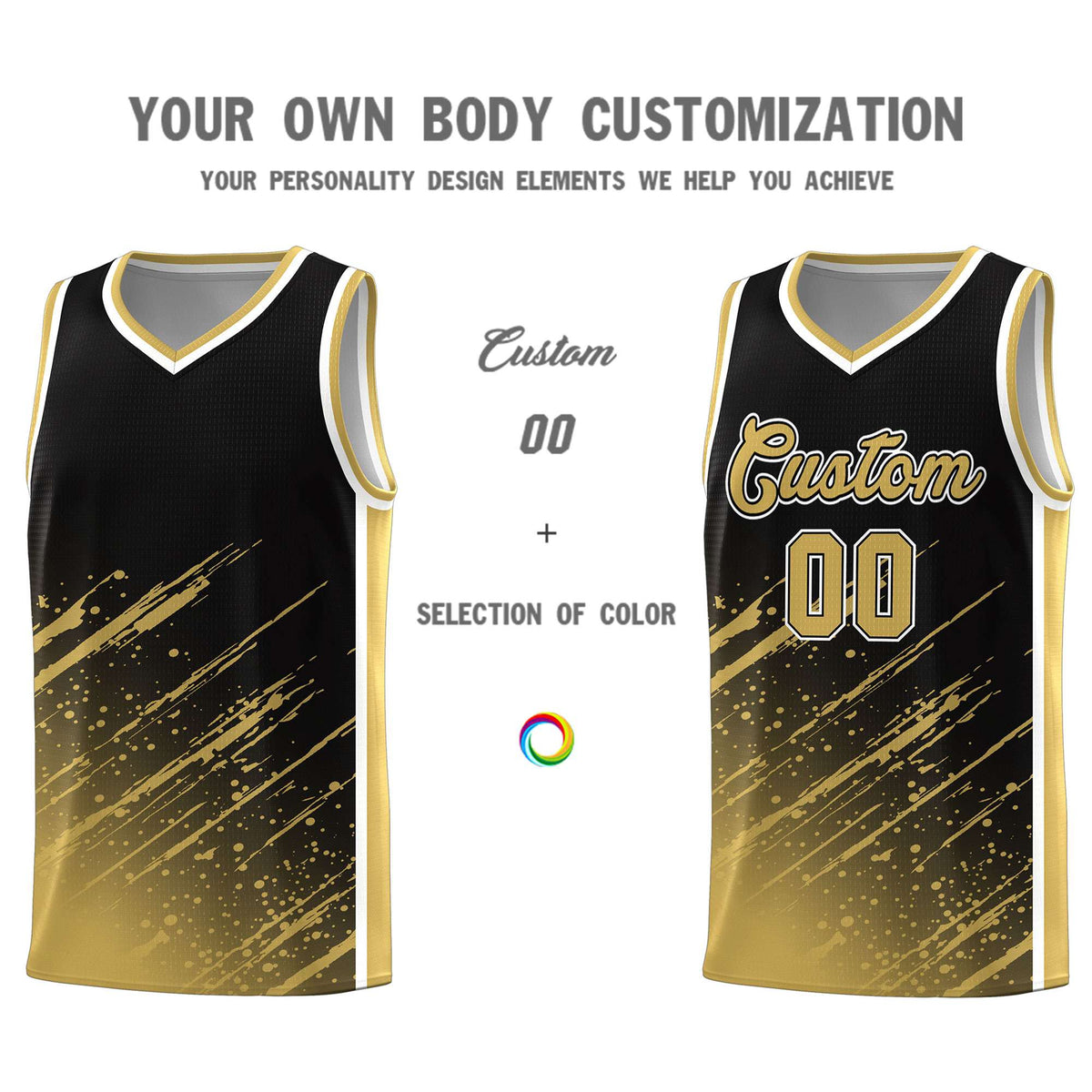Custom Black Basketball Kits With Old Gold Paint Graffiti
