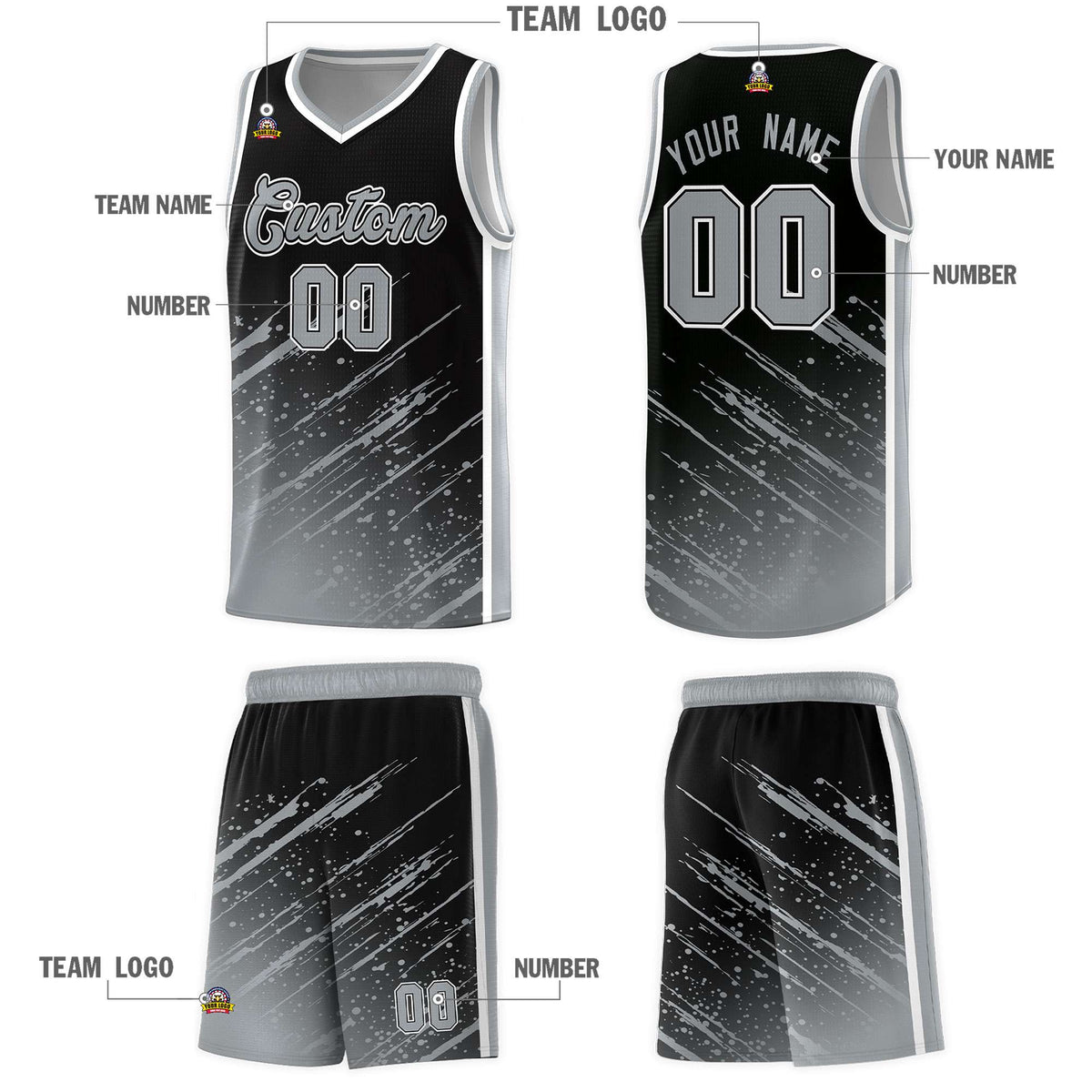 Custom Black Basketball Kits With Gray Paint Graffiti